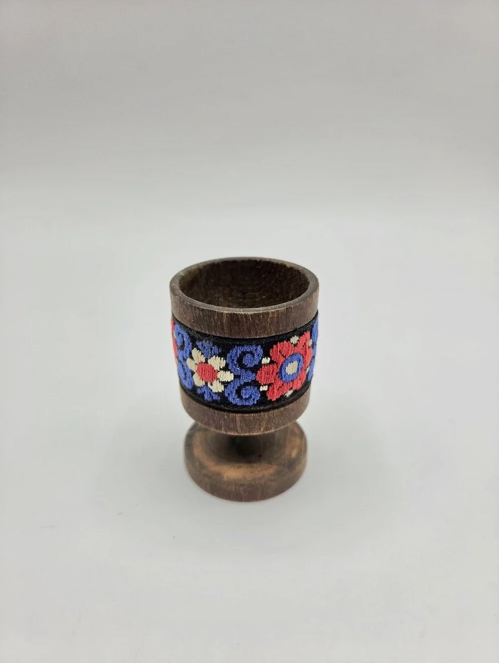 Handcrafted Wooden Egg Cup with Colorful Embroidered Accent